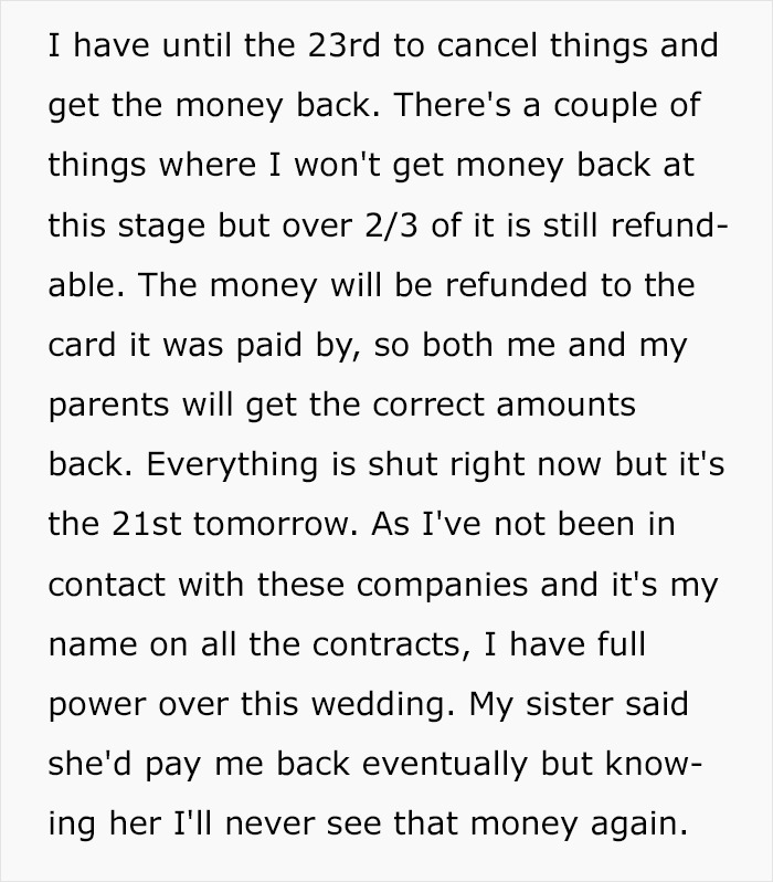 Woman Gets Cheated On 3 Weeks Before Her Wedding, Asks If She's A Jerk For Not Letting Her Sister Get Married Instead Woman Gets Cheated On 3 Weeks Before Her Wedding, Asks If She's A Jerk For Not Letting Her Sister Get Married Instead