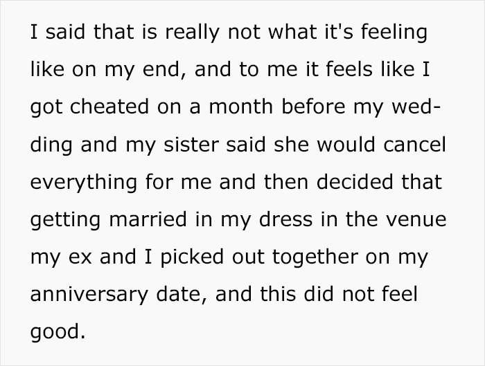 Woman Gets Cheated On 3 Weeks Before Her Wedding, Asks If She's A Jerk For Not Letting Her Sister Get Married Instead Woman Gets Cheated On 3 Weeks Before Her Wedding, Asks If She's A Jerk For Not Letting Her Sister Get Married Instead