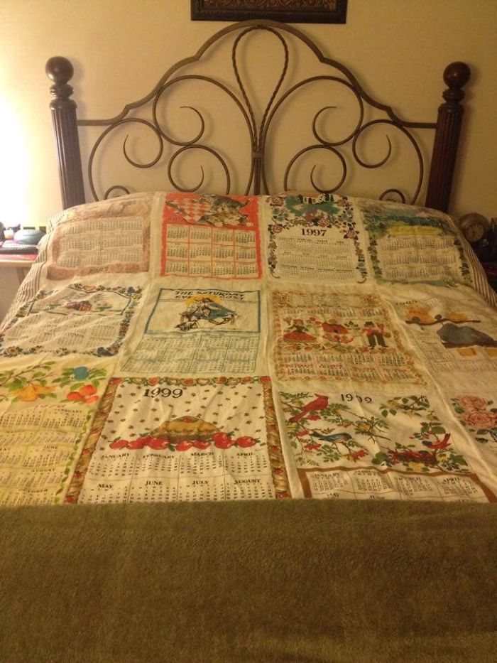I Acquired My Grandmothers Cloth Calendar/Dish Towel Collection When She Passed And I Wanted To Do Something Special With Them And Thought What A Wonderful Way To Preserve Them By Having Them Made Into A Quilt. It’s One Of My Most Favorite Possessions