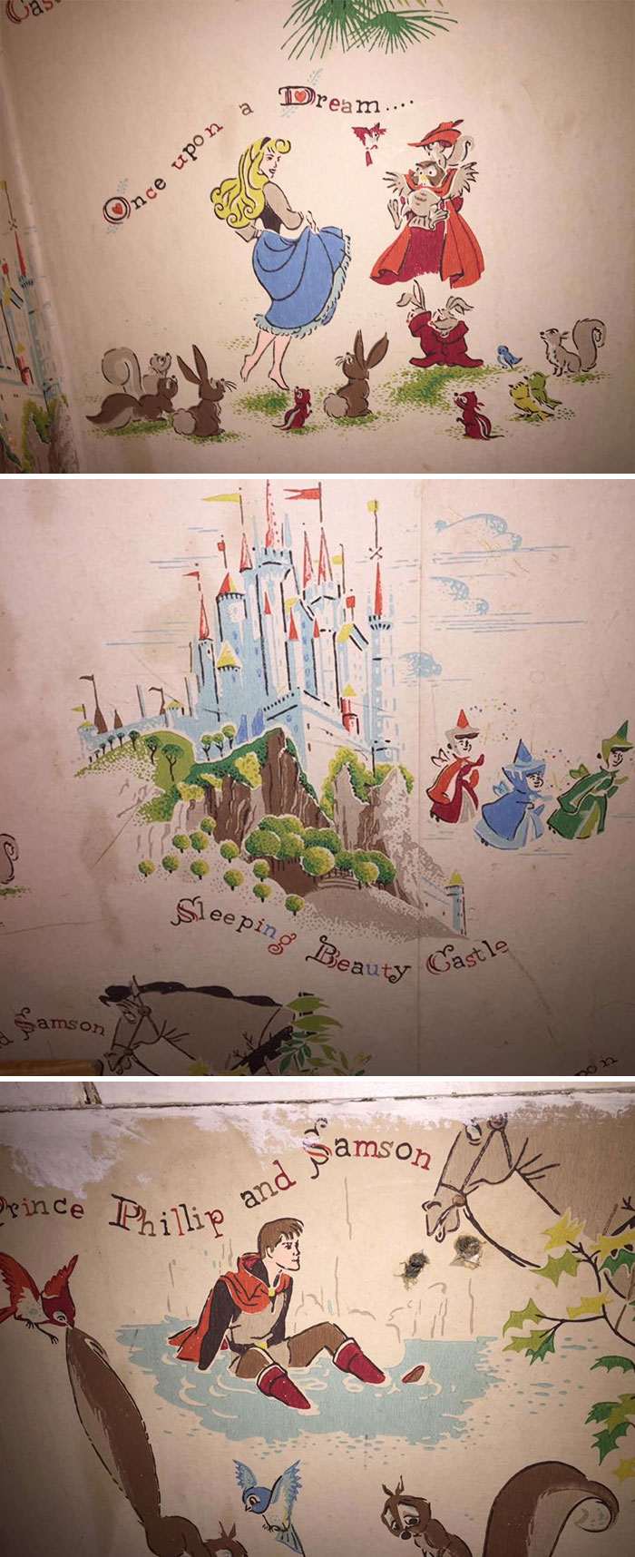 My Parents Removed Some Layers Of Wallpaper About 20+ Years Ago From An Upstairs Closet And Found This Amazing Vintage Sleeping Beauty Wallpaper Under A Few Layers Of Other Stuff
