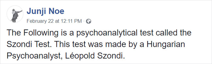 Screenshot of a social media post describing the Szondi Test, a psychoanalytical test by Hungarian psychoanalyst Léopold Szondi. Screenshot of a social media post describing the Szondi Test, a psychoanalytical test by Hungarian psychoanalyst Léopold Szondi.