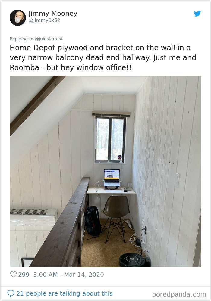 Narrow balcony workspace setup with laptop, chair, and Roomba showing reality of working from home.