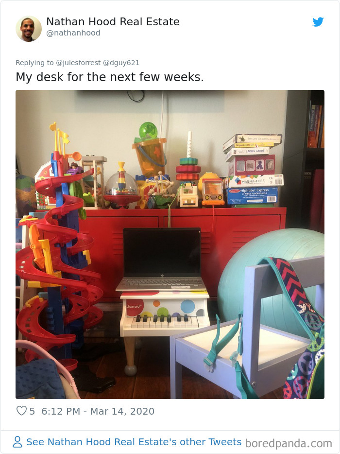 Home workspace cluttered with children's toys, a laptop on a small piano, and a chair with a backpack, showing reality of working from home.