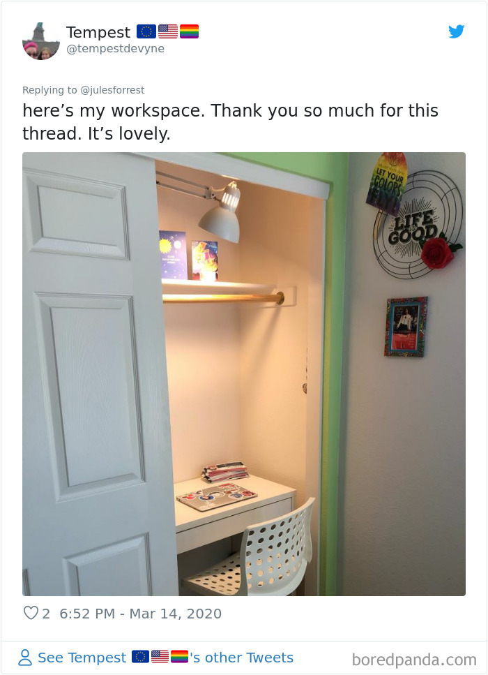 Small workspace setup inside a closet with a simple desk, chair, and lamp showing the reality of working from home.