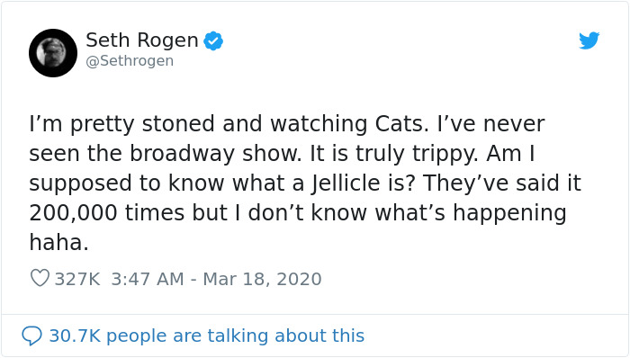Seth Rogen Decides To Watch "Cats" While In Quarantine, Gets High, And Writes A Review