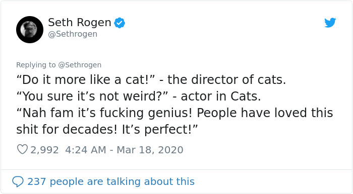 Seth Rogen Decides To Watch "Cats" While In Quarantine, Gets High, And Writes A Review