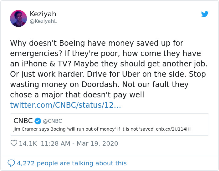 Woman Responds To Companies Failing Because Of Coronavirus By Saying The Same Things Poor People Hear Woman Responds To Companies Failing Because Of Coronavirus By Saying The Same Things Poor People Hear