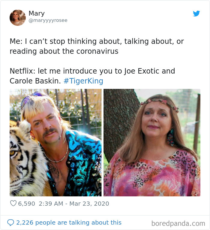 Tweet featuring Tiger King meme with Joe Exotic and Carole Baskin, highlighting popular themes during the coronavirus pandemic.