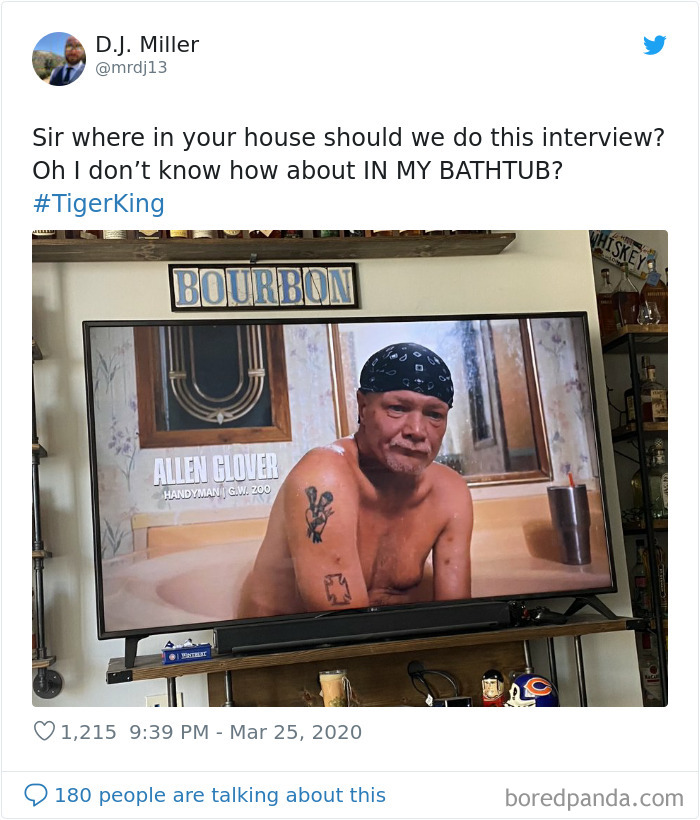 TV screen showing a meme from Tiger King featuring a man in a bathtub with tattoos.
