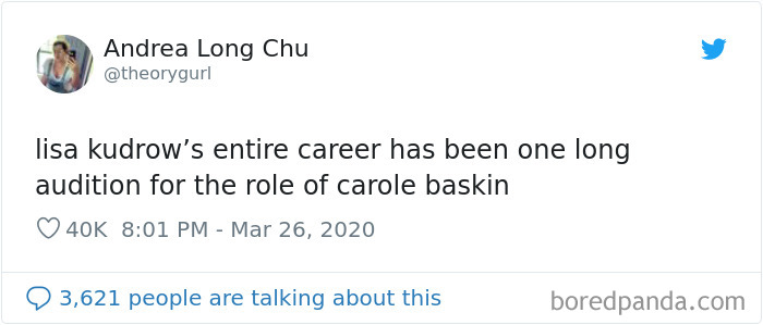 Tweet humor comparing Lisa Kudrow's career to Carole Baskin from Tiger King.