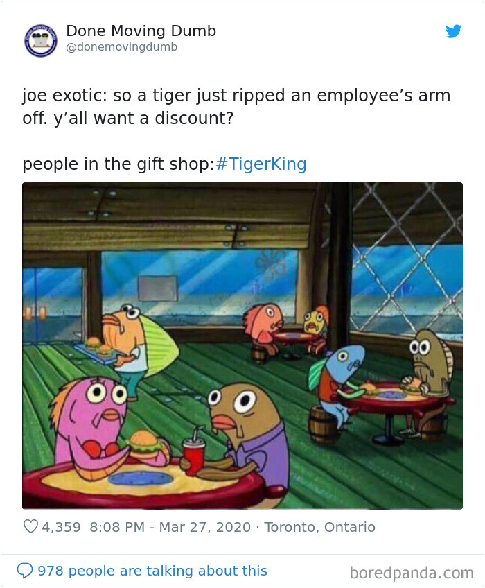 A SpongeBob meme humorously references a scene inspired by Tiger King, with fish characters looking shocked in a restaurant.
