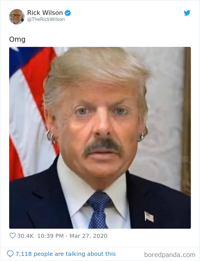 Donald Trump edited face with Tiger King inspired features, shared on Twitter by Rick Wilson.