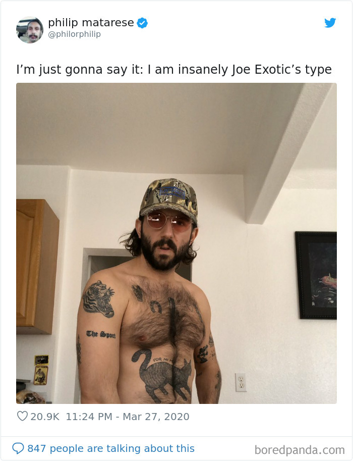 Man wearing sunglasses and camo hat with tiger tattoos, inspired by Tiger King memes.