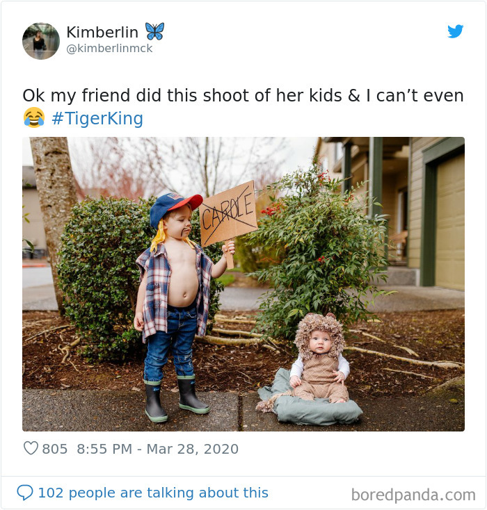 Two children dressed up as characters inspired by Tiger King, one holding a sign that says "CAROLE."