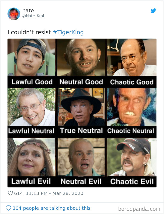 Alignment chart meme inspired by Tiger King, featuring characters labeled from lawful good to chaotic evil.