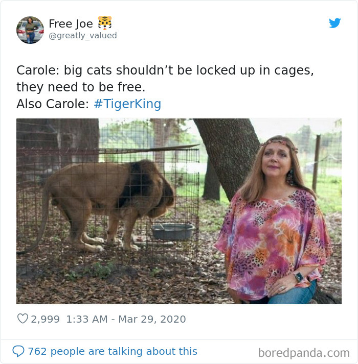 Woman beside a caged lion with a humorous caption about #TigerKing.