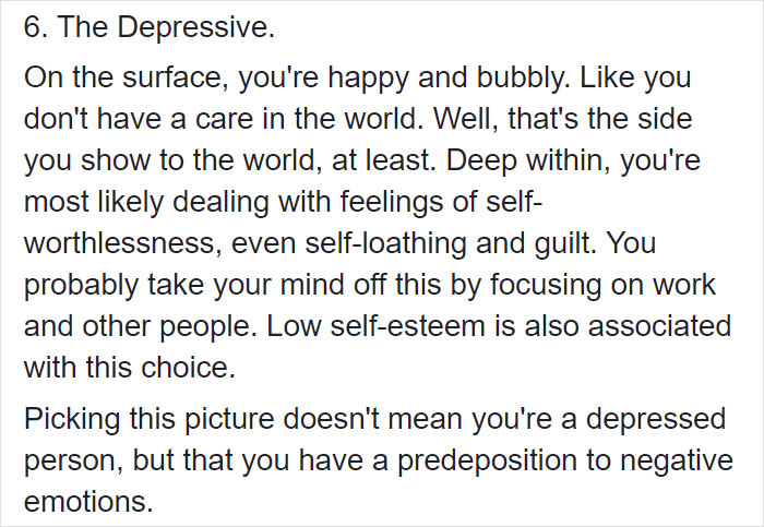 Text describing the Szondi test portrait labeled The Depressive, explaining personality traits and hidden emotions linked to the choice. Text describing the Szondi test portrait labeled The Depressive, explaining personality traits and hidden emotions linked to the choice.