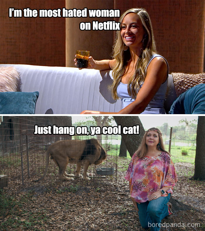 Two Tiger King-inspired memes featuring women with humorous captions.