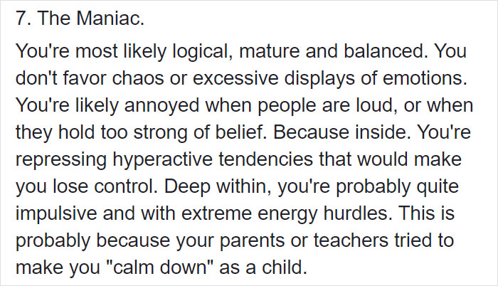 Text excerpt from the Szondi Test describing personality traits of the Maniac portrait, revealing hidden impulsive tendencies.