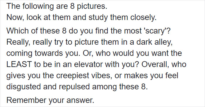 Text instructions describing 8 portraits in the Szondi Test, prompting viewers to identify the scariest or most repulsive image.