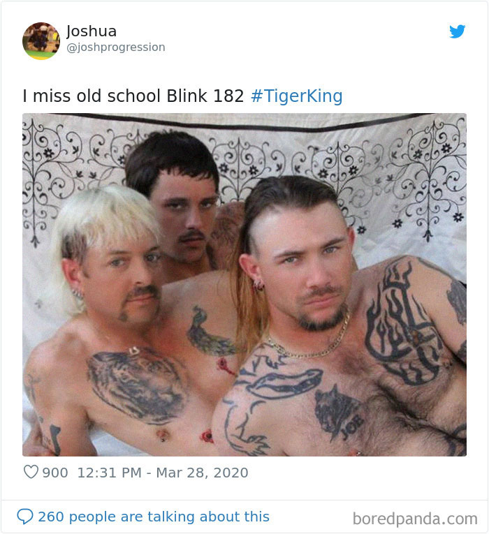 Three men with elaborate tattoos, referencing Tiger King, lying together in a humorous meme setting.