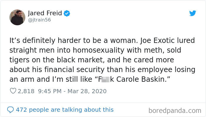 Tweet about Joe Exotic highlighting Tiger King controversies in a humorous context.