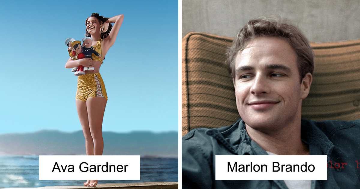 Colorized portraits of classical Hollywood stars Ava Gardner and Marlon Brando by a Russian artist.
