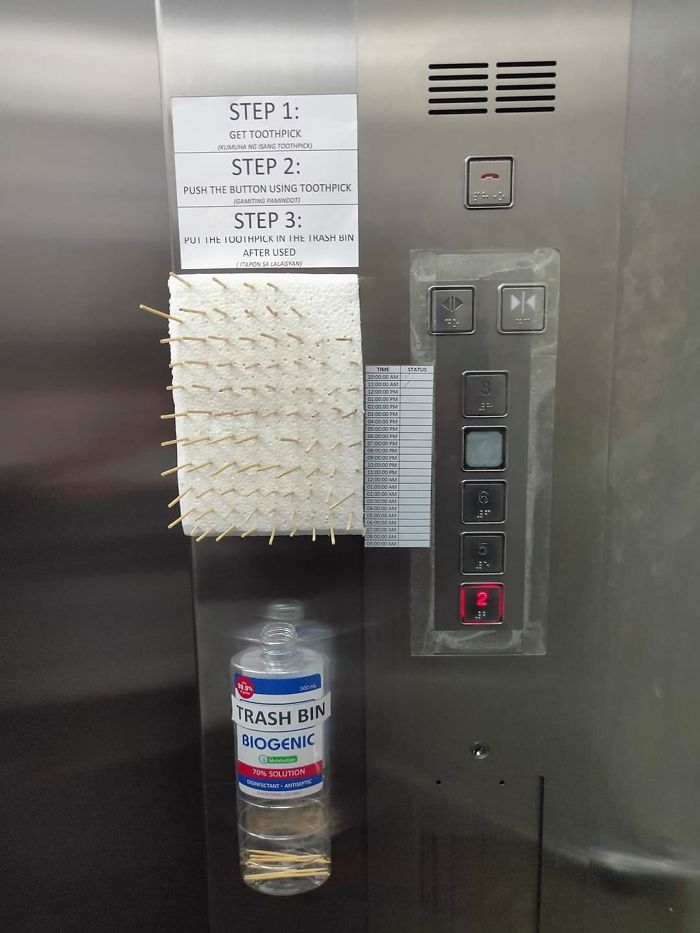 Using Toothpicks To Avoid Touching The Elevator Buttons