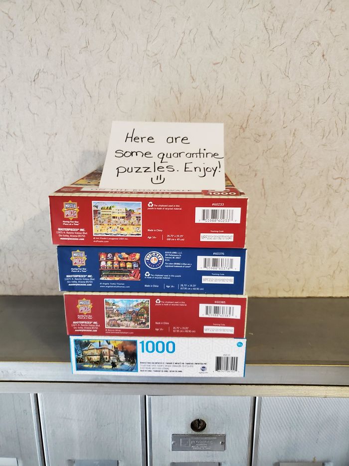 My Apartment Complex Had To Close The Clubhouse, Close The Gym, And Postpone Resident Events. But They Won't Stop Trying To Cheer Us All Up Despitethe Quarantine! Today I Found Puzzles When I Went To Check The Mail