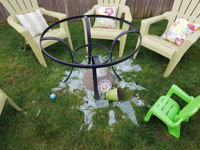 My Table Exploded, Now I Get To Pick Glass Out Of The Grass All Day