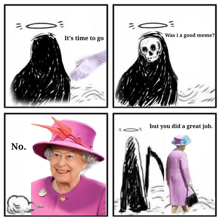 A meme depicting an immortal queen humorously interacting with the Grim Reaper.