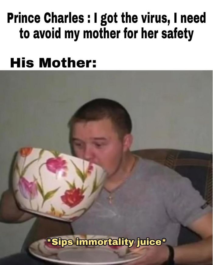 Man humorously drinking from a giant teacup, referencing Queen's immortality meme.