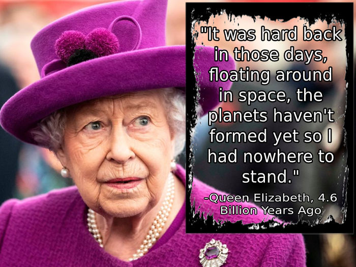 Elderly woman in purple hat with meme text about floating in space before planets formed, playing on the idea of being immortal.