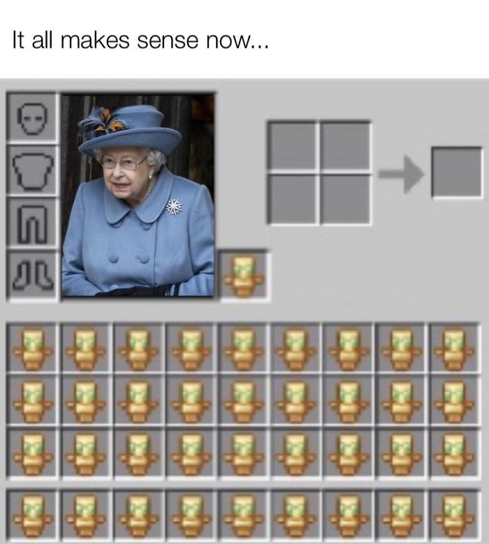 Minecraft inventory meme depicting Queen as immortal using totems.