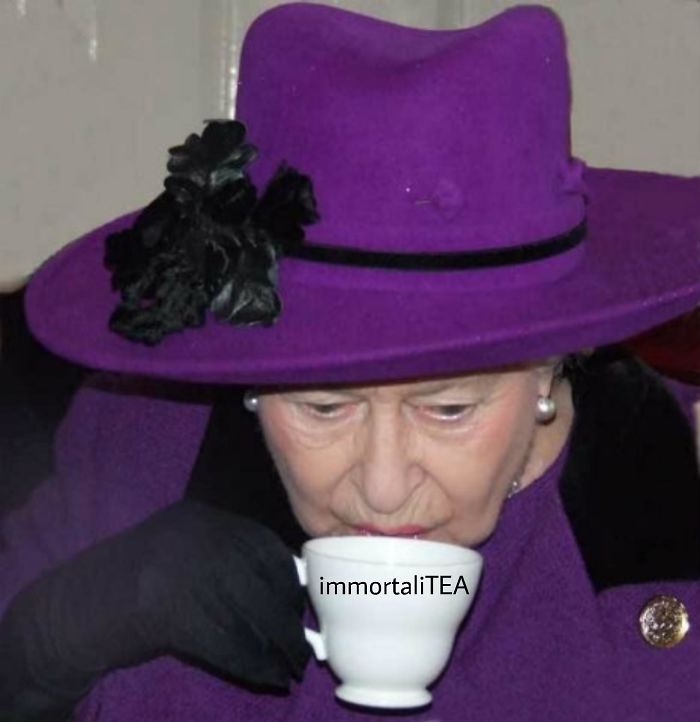 A person in a purple outfit sips tea, humorously annotated with "immortalITEA".