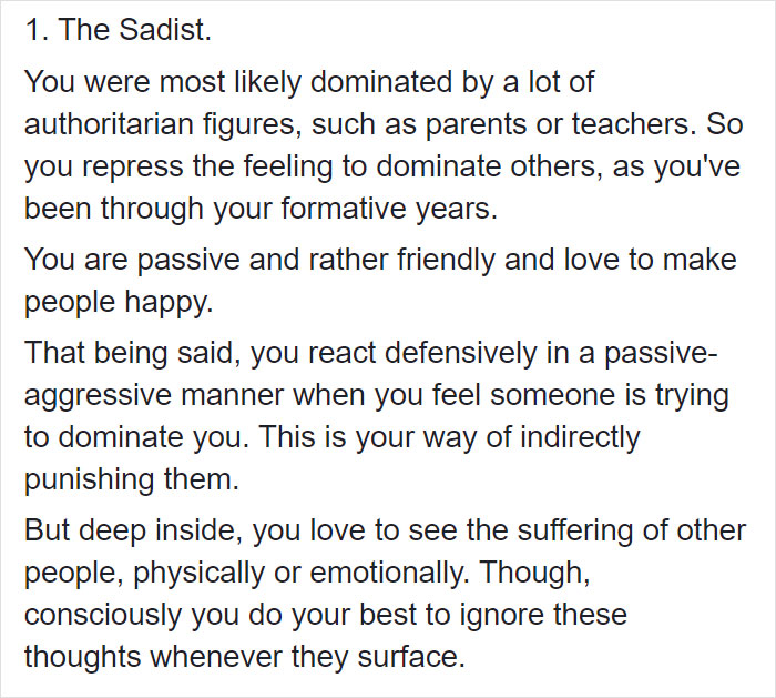 Text excerpt describing the Sadist personality trait from the Szondi Test revealing hidden personality aspects.