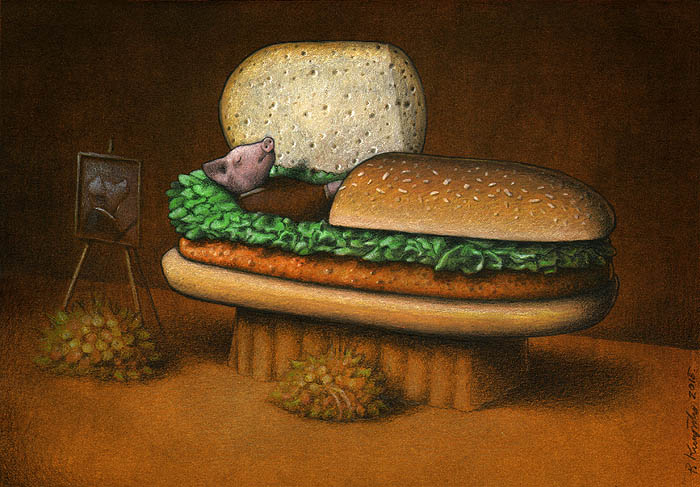 Surreal artwork by Polish artist depicting a metaphorical sandwich with a sleeping pig, illustrating society's ills.