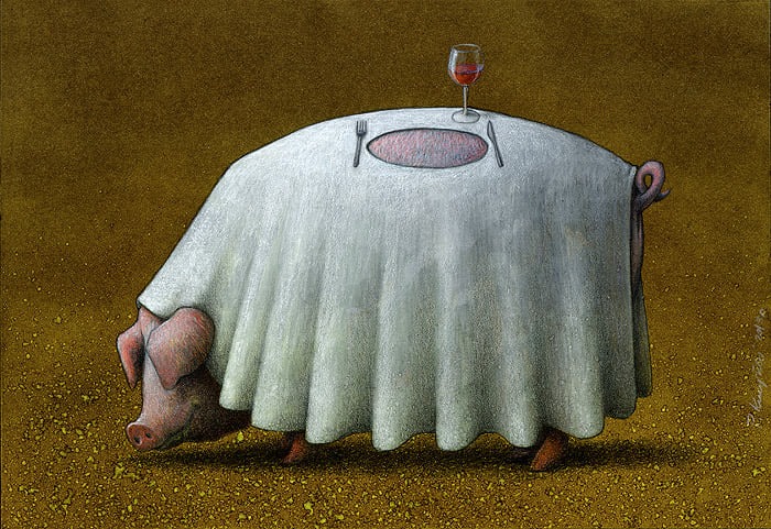 Surreal illustration of a pig covered by a tablecloth with table setting, symbolizing Polish artist's metaphors on society's ills.