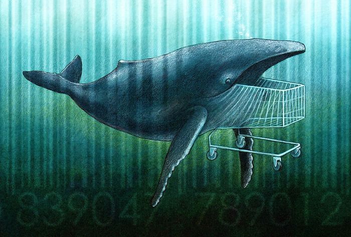 Whale with a shopping cart head underwater, illustrating a Polish artist’s metaphor about the ills of society.