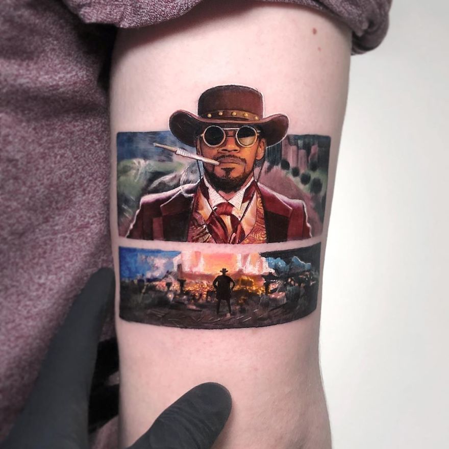 Colorful micro tattoo by Eden Kozokaro featuring two cinematic scenes on a person's arm.