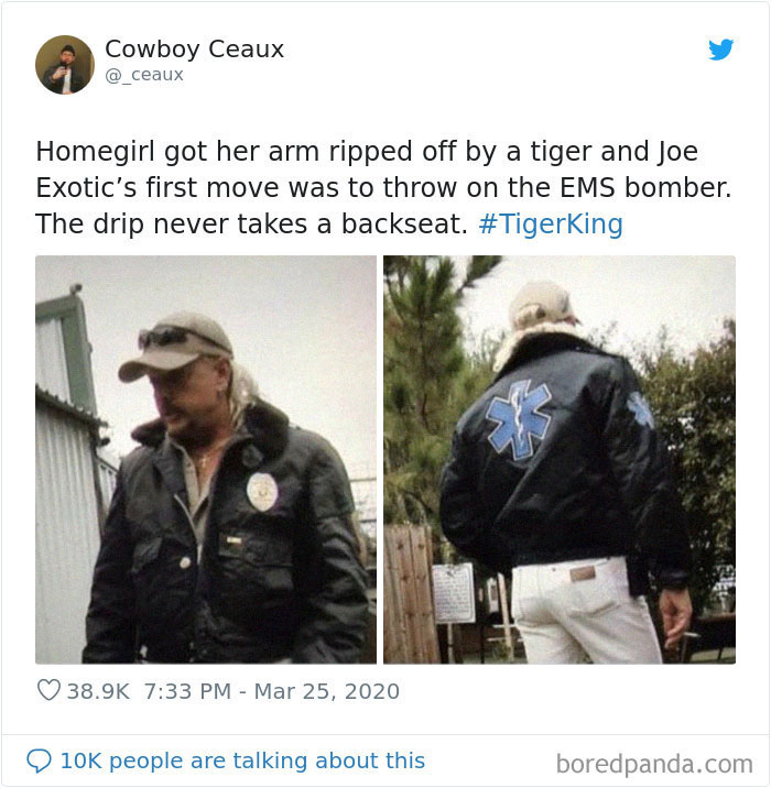 Man wearing EMS jacket in Tiger King-inspired meme about Joe Exotic's reaction to a tiger attack.