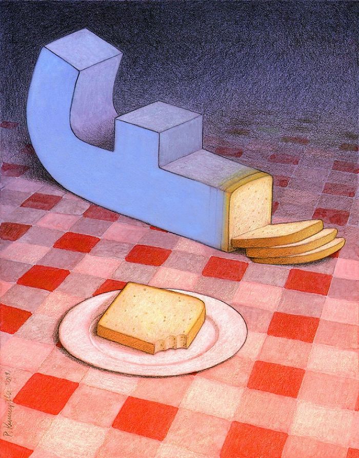 Surreal metaphor artwork by Polish artist showing a loaf shaped like a phone with bread slices on a checkered table.