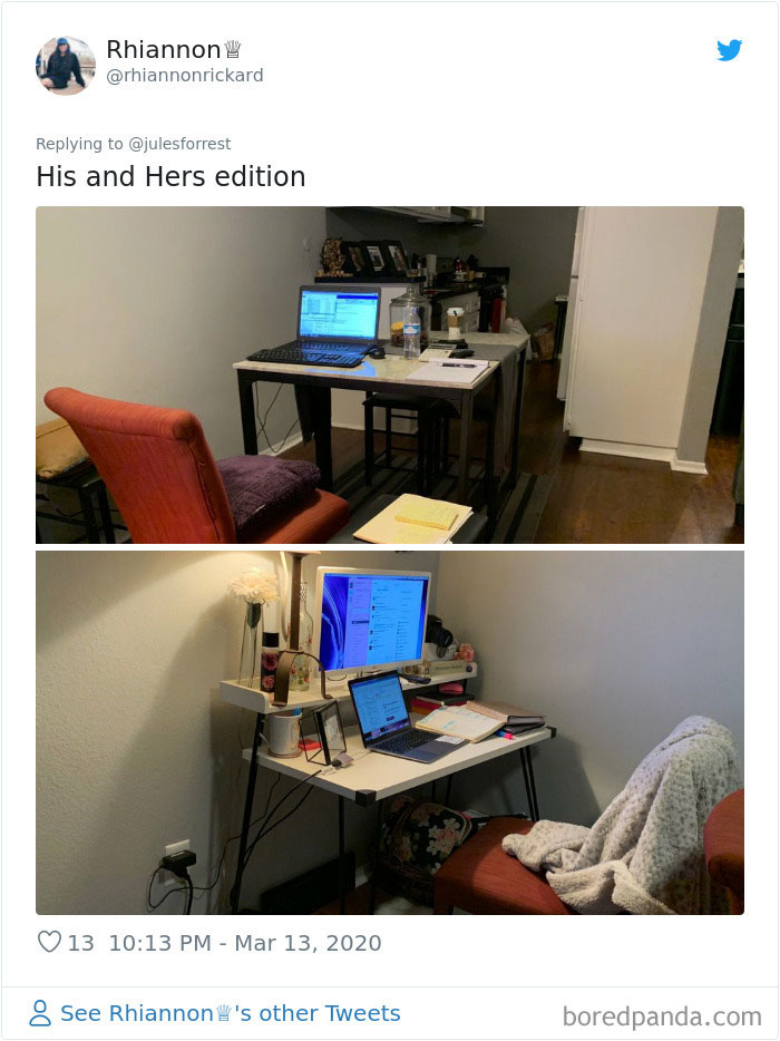Two modest work from home setups showing practical and cozy workspaces shared by people tired of glamorous setups.