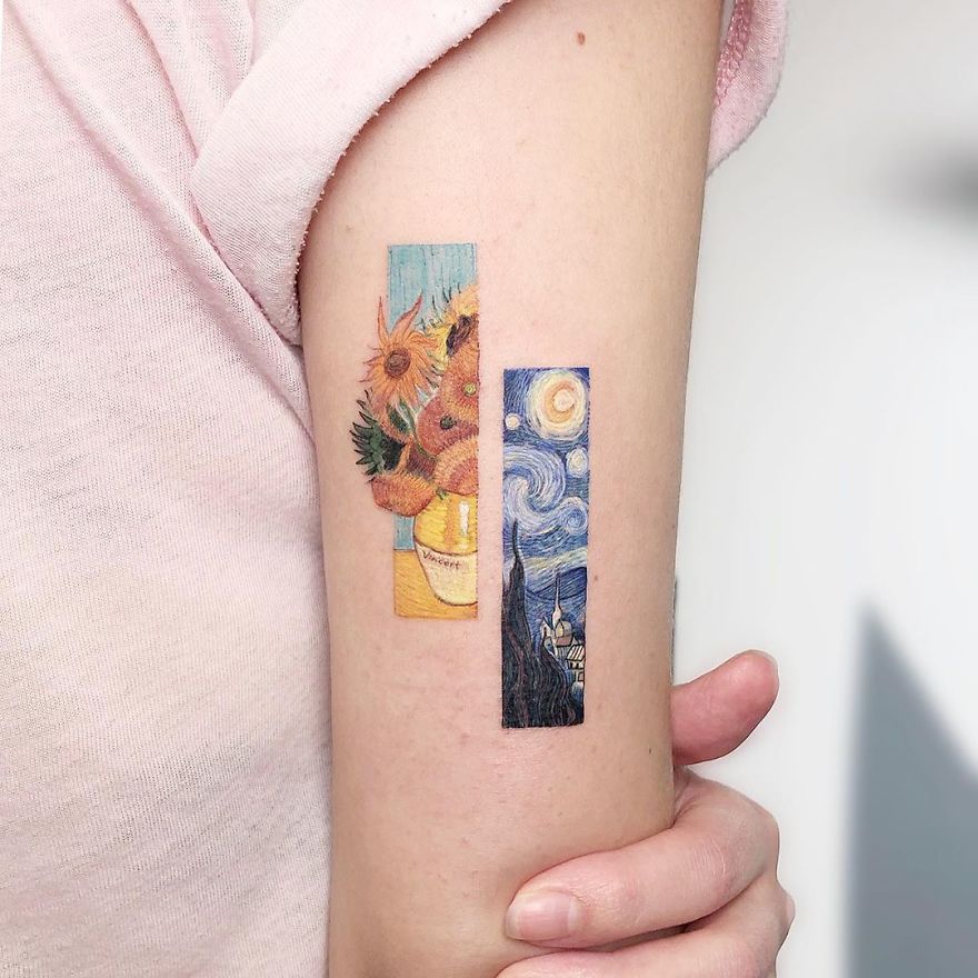 Colorful micro tattoos on an arm, inspired by famous paintings, resembling mini pop culture artworks.