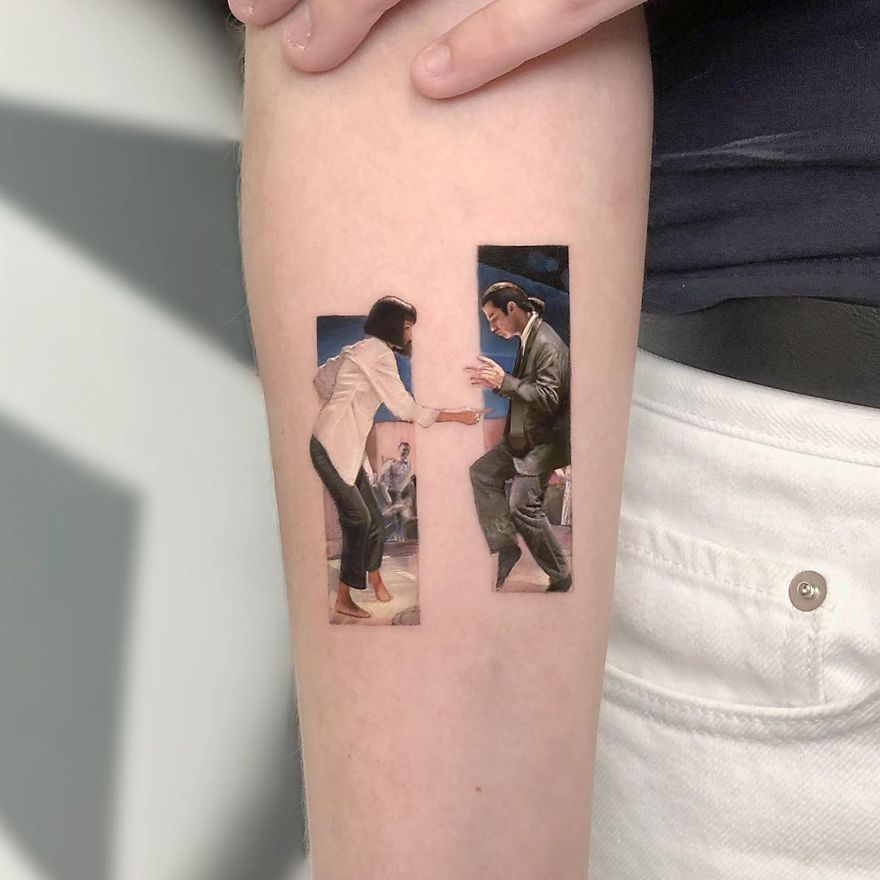Colorful micro tattoo depicting a dance scene from pop culture, created by Eden Kozokaro on a person's arm.