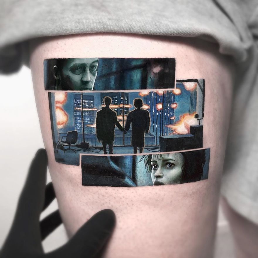 Colorful micro tattoo by Eden Kozokaro, resembling a mini pop culture painting, detailed on a person's skin.