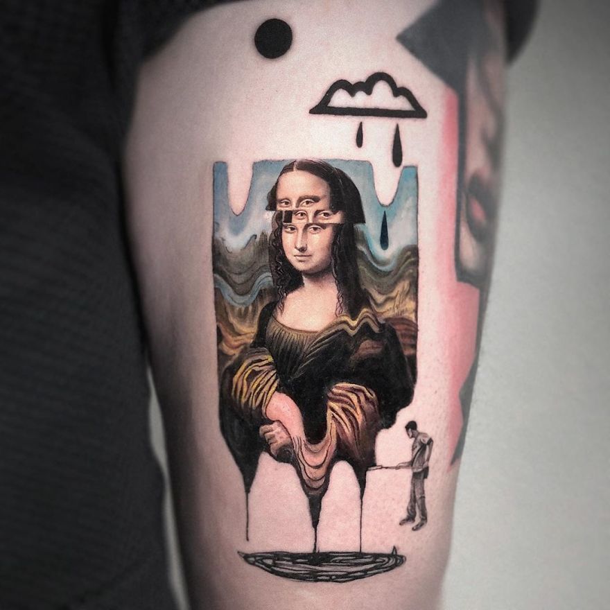 Colorful micro tattoo by Eden Kozokaro, featuring a surreal version of the Mona Lisa with dripping paint.