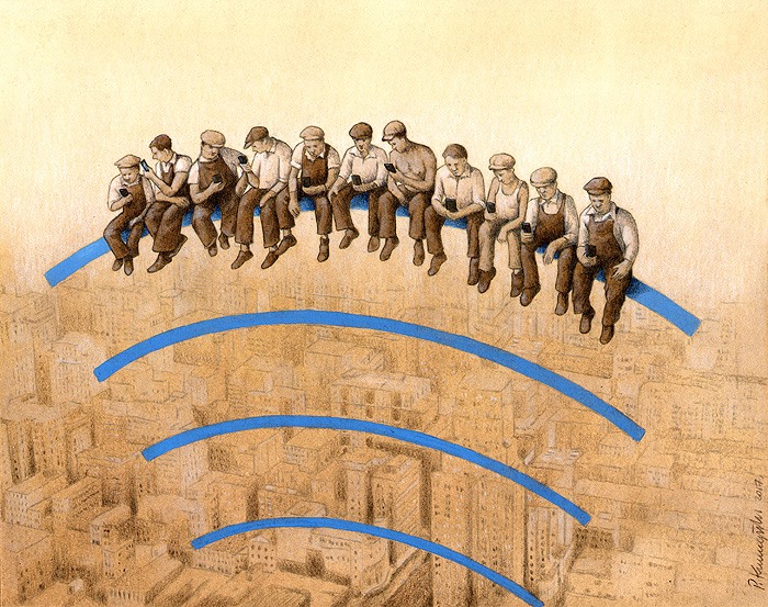 Illustration showing workers sitting on Wi-Fi signal bars symbolizing uncomfortably accurate metaphors about society’s ills.