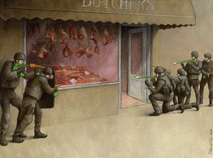 Soldiers with green faces aiming weapons at a butcher shop display of meat, highlighting societal metaphors by Polish artist.