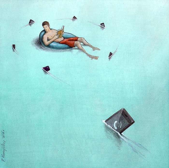 Surreal artwork by Polish artist showing a man in a float surrounded by paper planes and a sinking smartphone.